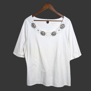 Soft Surroundings Embellished Sequin Pullover Top 1X White Cotton Keyhole Back